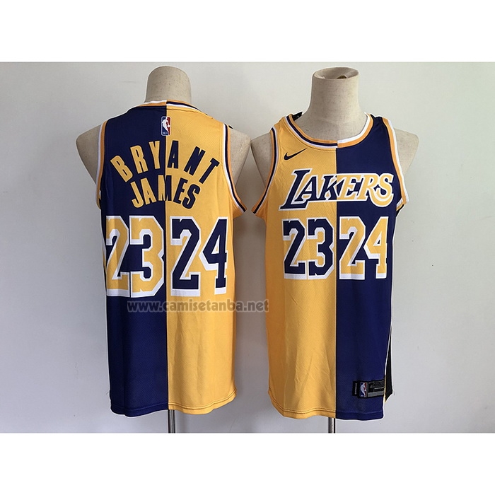 Camiseta Los Angeles Lakers Kobe Bryant LeBron James #24 23 Split Amarillo Violeta